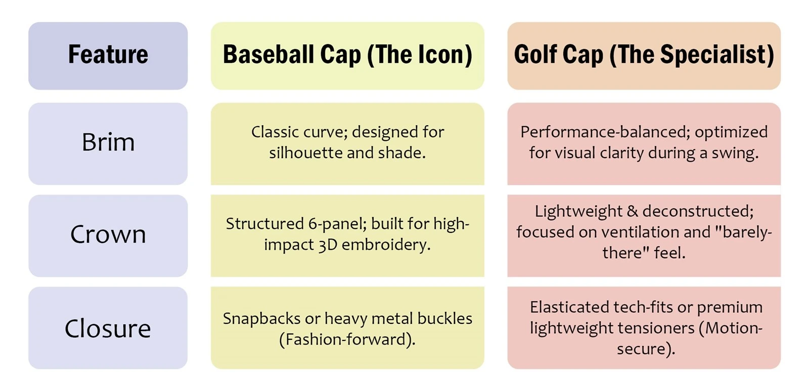 Baseball cap and golf cap parameters Baseball cap and golf cap parameters